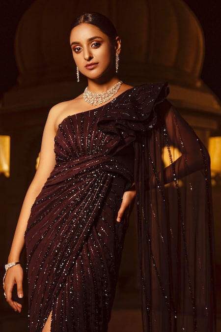 Buy Amit GT Maroon Bordeaux One Shoulder Draped Gown Online at Aza Fashions Buy_Amit GT_Maroon Bordeaux One Shoulder Draped Gown _Online_at_Aza_Fashions