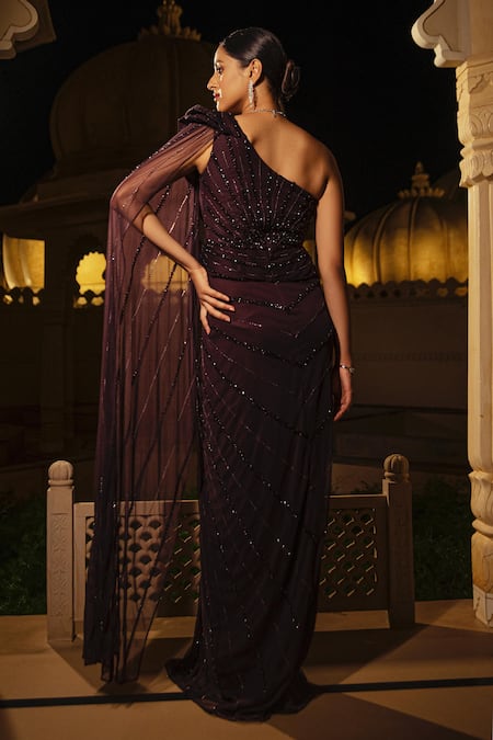 Shop Amit GT Maroon Bordeaux One Shoulder Draped Gown at Aza Fashions Shop_Amit GT_Maroon Bordeaux One Shoulder Draped Gown _at_Aza_Fashions