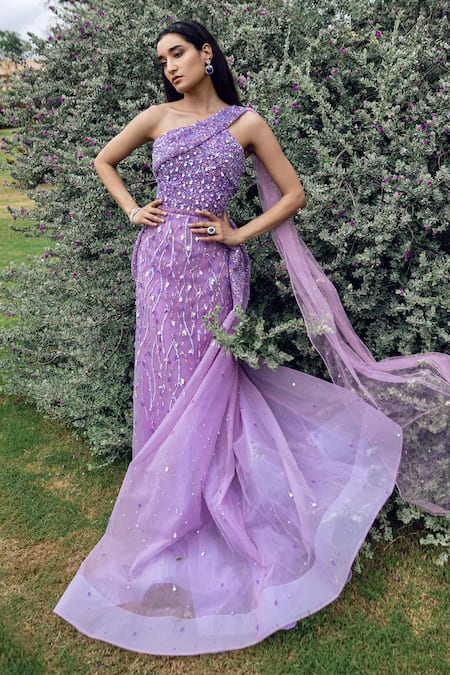 Amit GT Purple One Shoulder Embroidered Gown