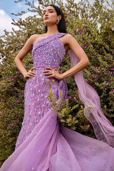 Buy Amit GT Purple One Shoulder Embroidered Gown Online at Aza Fashions Buy_Amit GT_Purple One Shoulder Embroidered Gown _Online_at_Aza_Fashions