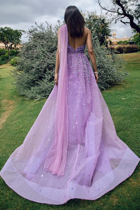 Shop Amit GT Purple One Shoulder Embroidered Gown at Aza Fashions Shop_Amit GT_Purple One Shoulder Embroidered Gown _at_Aza_Fashions