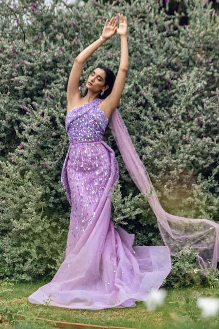 Amit GT Purple One Shoulder Embroidered Gown Online at Aza Fashions Amit GT_Purple One Shoulder Embroidered Gown _Online_at_Aza_Fashions