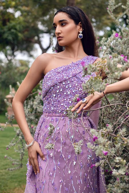 Shop Amit GT Purple One Shoulder Embroidered Gown Online at Aza Fashions Shop_Amit GT_Purple One Shoulder Embroidered Gown _Online_at_Aza_Fashions