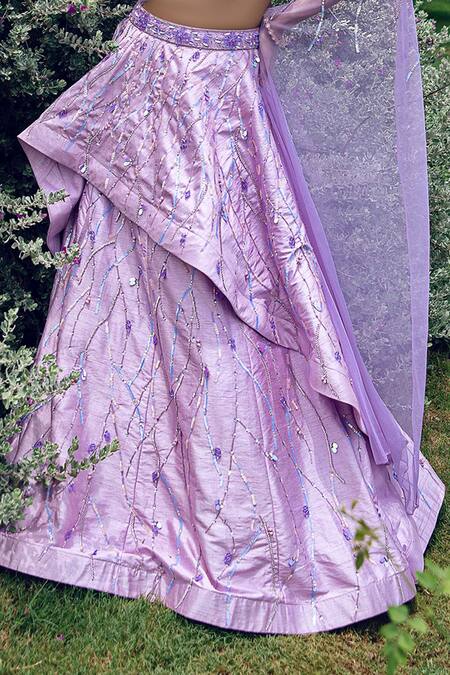 Buy Amit GT Purple One Shoulder Draped Blouse And Layered Lehenga Set Online at Aza Fashions Buy_Amit GT_Purple One Shoulder Draped Blouse And Layered Lehenga Set _Online_at_Aza_Fashions
