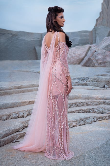 Shop Amit GT Pink Tulle And Bugle Sweetheart Neck Amadeus Embellished Gown at Aza Fashions Shop_Amit GT_Pink Tulle And Bugle Sweetheart Neck Amadeus Embellished Gown _at_Aza_Fashions