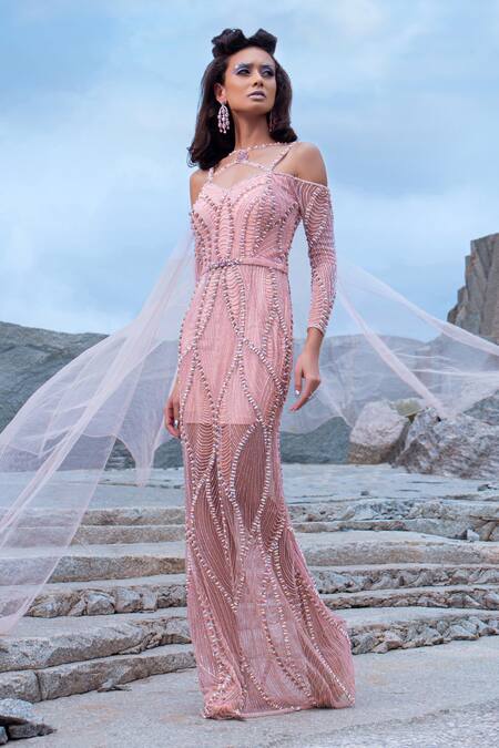 Amit GT Pink Tulle And Bugle Sweetheart Neck Amadeus Embellished Gown Online at Aza Fashions Amit GT_Pink Tulle And Bugle Sweetheart Neck Amadeus Embellished Gown _Online_at_Aza_Fashions