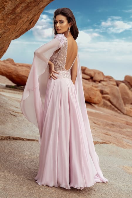 Shop Amit GT Pink Tulle Beads And Sequin V Neck Maia Front Slit Gown at Aza Fashions Shop_Amit GT_Pink Tulle Beads And Sequin V Neck Maia Front Slit Gown _at_Aza_Fashions