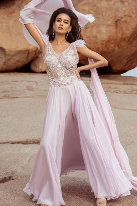 Amit GT Pink Tulle Beads And Sequin V Neck Maia Front Slit Gown Online at Aza Fashions Amit GT_Pink Tulle Beads And Sequin V Neck Maia Front Slit Gown _Online_at_Aza_Fashions