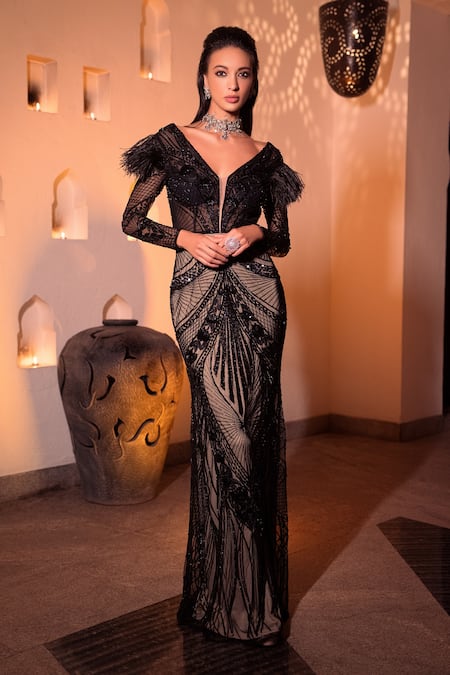 Shop Amit GT Black Tulle Embellishment Beads V Neck Aurora Nova Gown With Train at Aza Fashions Shop_Amit GT_Black Tulle Embellishment Beads V Neck Aurora Nova Gown With Train _at_Aza_Fashions