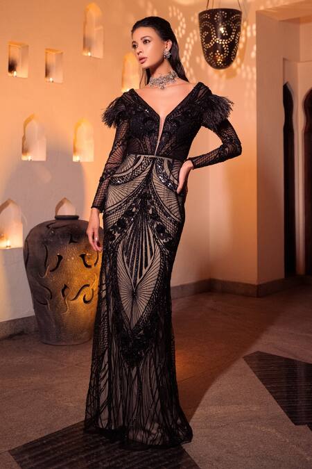 Amit GT Black Tulle Embellishment Beads V Neck Aurora Nova Gown With Train Online at Aza Fashions Amit GT_Black Tulle Embellishment Beads V Neck Aurora Nova Gown With Train _Online_at_Aza_Fashions