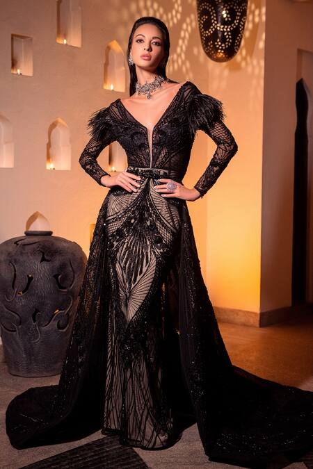 Buy Amit GT Black Tulle Embellishment Beads V Neck Aurora Nova Gown With Train Online at Aza Fashions Buy_Amit GT_Black Tulle Embellishment Beads V Neck Aurora Nova Gown With Train _Online_at_Aza_Fashions