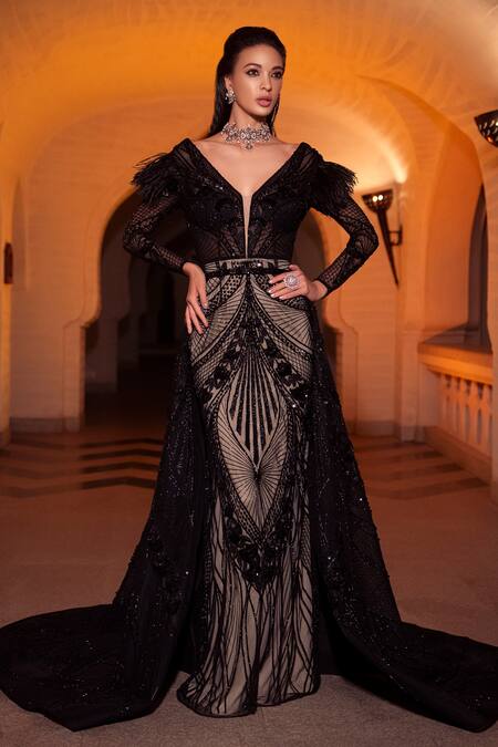 Shop Amit GT Black Tulle Embellishment Beads V Neck Aurora Nova Gown With Train Online at Aza Fashions Shop_Amit GT_Black Tulle Embellishment Beads V Neck Aurora Nova Gown With Train _Online_at_Aza_Fashions