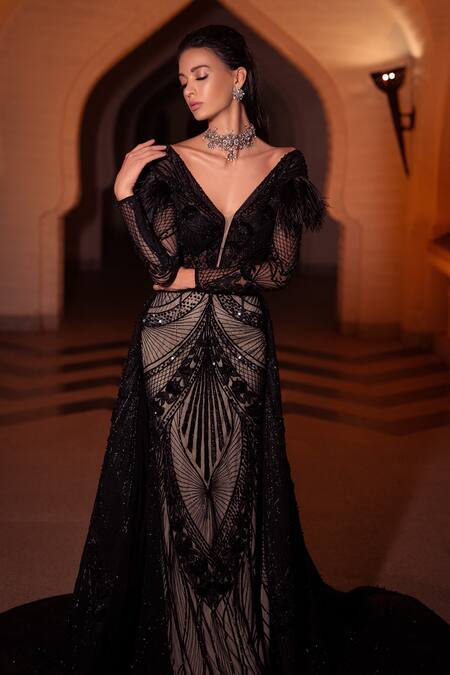 Amit GT Black Tulle Embellishment Beads V Neck Aurora Nova Gown With Train at Aza Fashions Amit GT_Black Tulle Embellishment Beads V Neck Aurora Nova Gown With Train _at_Aza_Fashions