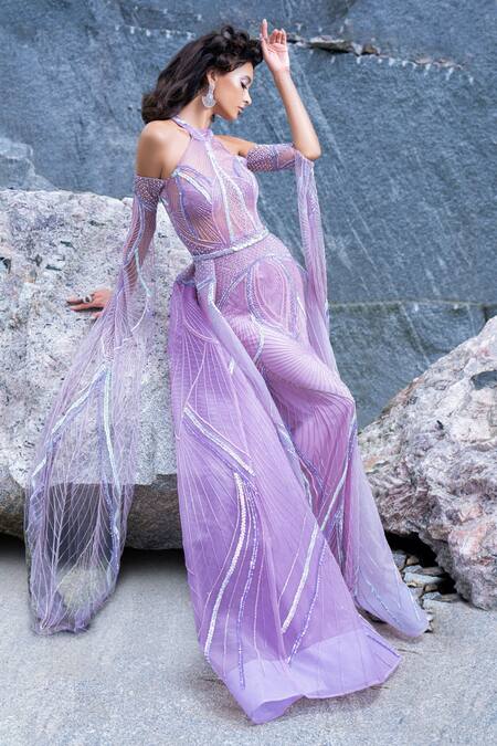 Amit GT Purple Tulle Sequin And Cutdana Halter Neck Aurora Chrystalis Gown With Train Online at Aza Fashions Amit GT_Purple Tulle Sequin And Cutdana Halter Neck Aurora Chrystalis Gown With Train _Online_at_Aza_Fashions