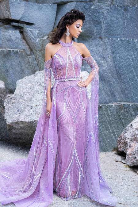 Buy Amit GT Purple Tulle Sequin And Cutdana Halter Neck Aurora Chrystalis Gown With Train Online at Aza Fashions Buy_Amit GT_Purple Tulle Sequin And Cutdana Halter Neck Aurora Chrystalis Gown With Train _Online_at_Aza_Fashions