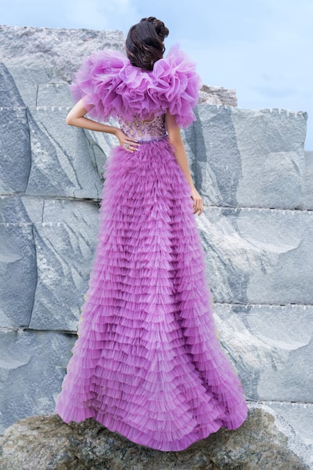 Shop Amit GT Purple Tulle Cutdana And Sequin, Beads Round Agnes Bejewelled Gown With Train at Aza Fashions Shop_Amit GT_Purple Tulle Cutdana And Sequin, Beads Round Agnes Bejewelled Gown With Train _at_Aza_Fashions