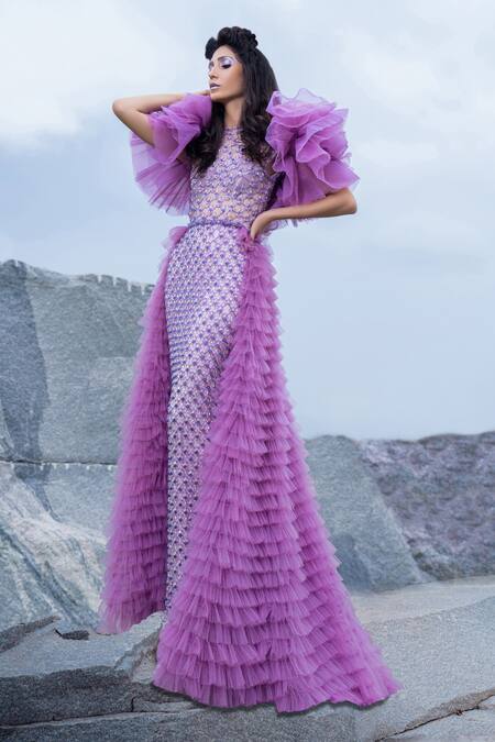 Amit GT Purple Tulle Cutdana And Sequin, Beads Round Agnes Bejewelled Gown With Train Online at Aza Fashions Amit GT_Purple Tulle Cutdana And Sequin, Beads Round Agnes Bejewelled Gown With Train _Online_at_Aza_Fashions