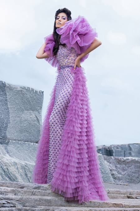 Buy Amit GT Purple Tulle Cutdana And Sequin, Beads Round Agnes Bejewelled Gown With Train Online at Aza Fashions Buy_Amit GT_Purple Tulle Cutdana And Sequin, Beads Round Agnes Bejewelled Gown With Train _Online_at_Aza_Fashions