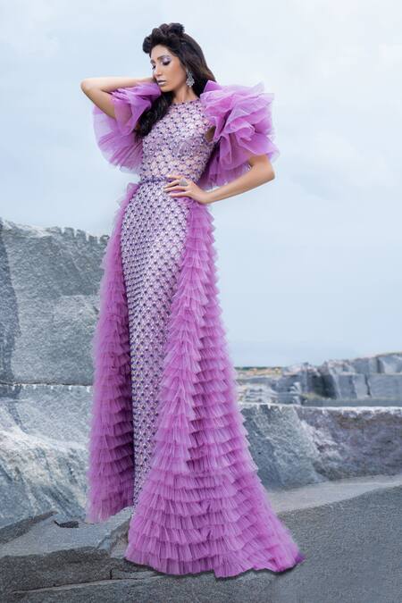 Shop Amit GT Purple Tulle Cutdana And Sequin, Beads Round Agnes Bejewelled Gown With Train Online at Aza Fashions Shop_Amit GT_Purple Tulle Cutdana And Sequin, Beads Round Agnes Bejewelled Gown With Train _Online_at_Aza_Fashions