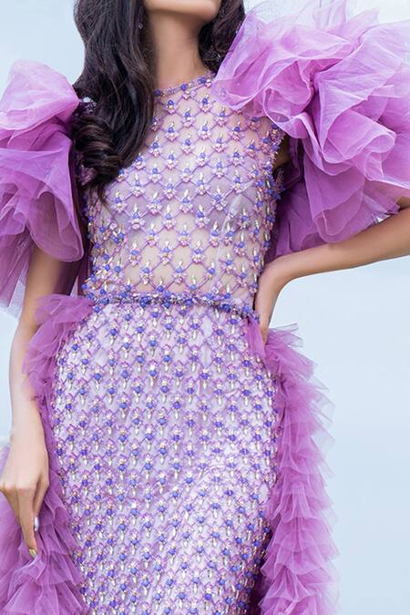 Amit GT Purple Tulle Cutdana And Sequin, Beads Round Agnes Bejewelled Gown With Train at Aza Fashions Amit GT_Purple Tulle Cutdana And Sequin, Beads Round Agnes Bejewelled Gown With Train _at_Aza_Fashions