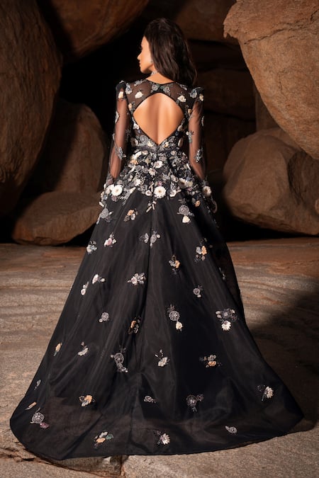 Shop Amit GT Black Tulle Floral Appliques, Pearls And Thread Work Plunge V Neck Kiara Gown at Aza Fashions Shop_Amit GT_Black Tulle Floral Appliques, Pearls And Thread Work Plunge V Neck Kiara Gown _at_Aza_Fashions