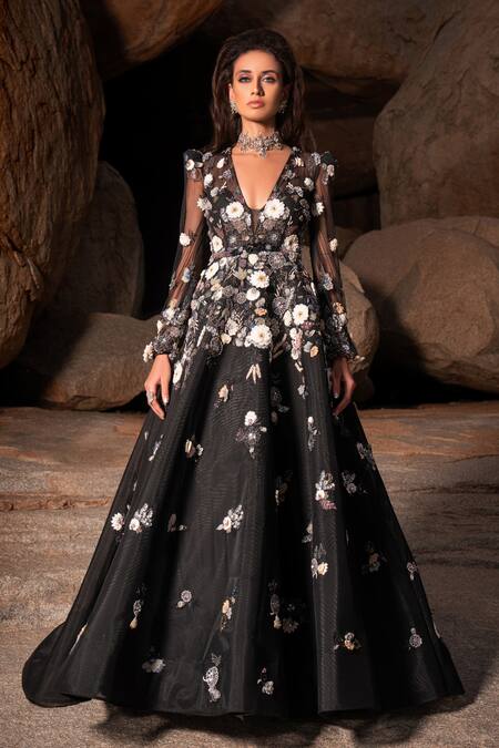 Amit GT Black Tulle Floral Appliques, Pearls And Thread Work Plunge V Neck Kiara Gown Online at Aza Fashions Amit GT_Black Tulle Floral Appliques, Pearls And Thread Work Plunge V Neck Kiara Gown _Online_at_Aza_Fashions