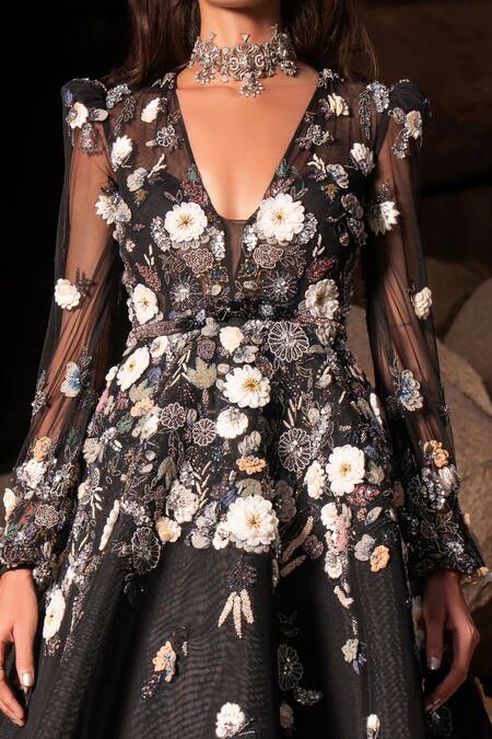 Amit GT Black Tulle Floral Appliques, Pearls And Thread Work Plunge V Neck Kiara Gown at Aza Fashions Amit GT_Black Tulle Floral Appliques, Pearls And Thread Work Plunge V Neck Kiara Gown _at_Aza_Fashions