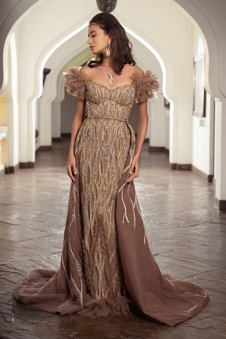 Shop Amit GT Brown Tulle Aurora Themed Work Plunge Yasmine Feather Embellished Gown Online at Aza Fashions Shop_Amit GT_Brown Tulle Aurora Themed Work Plunge Yasmine Feather Embellished Gown _Online_at_Aza_Fashions
