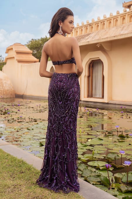 Amit GT Purple Tulle Halter Neck Miri Purl Embellished Gown With Cape Online at Aza Fashions Amit GT_Purple Tulle Halter Neck Miri Purl Embellished Gown With Cape _Online_at_Aza_Fashions