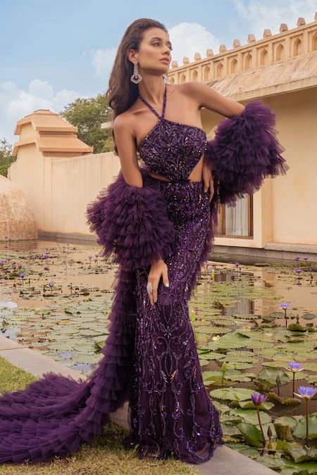 Amit GT Purple Tulle Halter Neck Miri Purl Embellished Gown With Cape at Aza Fashions Amit GT_Purple Tulle Halter Neck Miri Purl Embellished Gown With Cape _at_Aza_Fashions