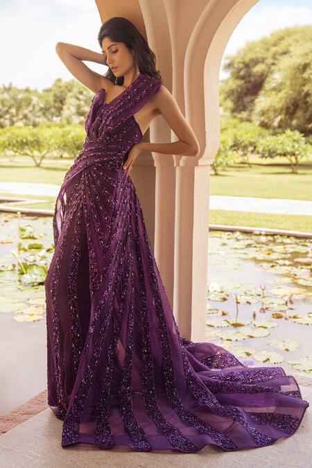 Amit GT Purple Tulle Aurora Band Theme Work Asymmetric Luna Embellished Gown Online at Aza Fashions Amit GT_Purple Tulle Aurora Band Theme Work Asymmetric Luna Embellished Gown _Online_at_Aza_Fashions