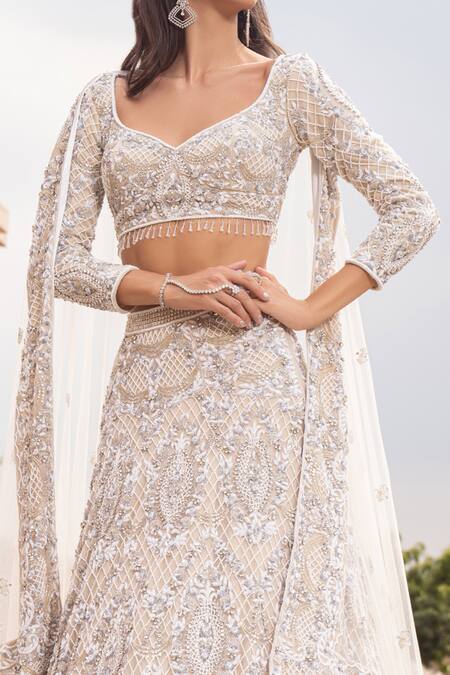 Buy_Amit GT_Beige Tulle Hand Embroidery Floral Jaal Pattern Tuluva Bridal Lehenga Set _Online_at_Aza_Fashions