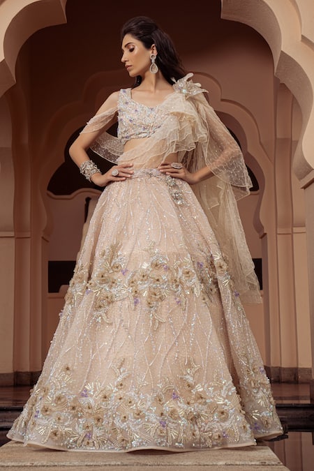 Amit GT Peach Tulle Floral Pattern V Neck Aurora Cosmos Embroidered Lehenga With Blouse 