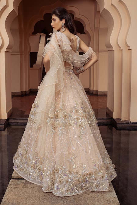 Shop Amit GT Peach Tulle Floral Pattern V Neck Aurora Cosmos Embroidered Lehenga With Blouse at Aza Fashions Shop_Amit GT_Peach Tulle Floral Pattern V Neck Aurora Cosmos Embroidered Lehenga With Blouse _at_Aza_Fashions