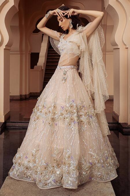 Amit GT Peach Tulle Floral Pattern V Neck Aurora Cosmos Embroidered Lehenga With Blouse Online at Aza Fashions Amit GT_Peach Tulle Floral Pattern V Neck Aurora Cosmos Embroidered Lehenga With Blouse _Online_at_Aza_Fashions