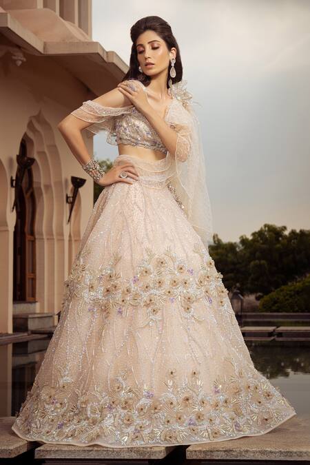 Buy Amit GT Peach Tulle Floral Pattern V Neck Aurora Cosmos Embroidered Lehenga With Blouse Online at Aza Fashions Buy_Amit GT_Peach Tulle Floral Pattern V Neck Aurora Cosmos Embroidered Lehenga With Blouse _Online_at_Aza_Fashions