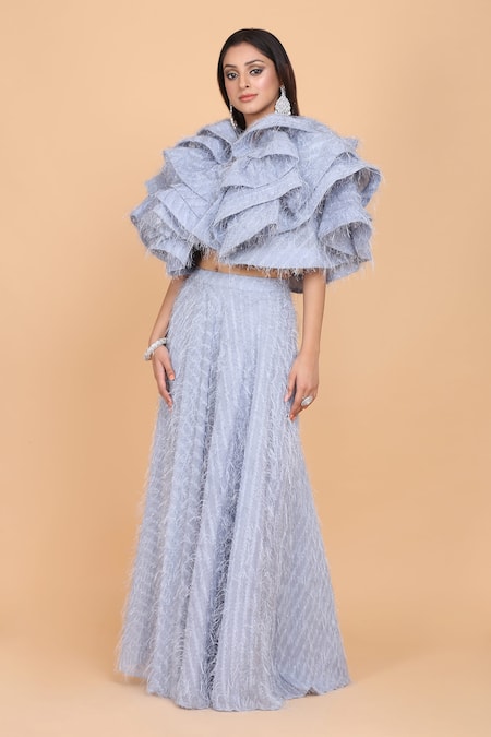 Amit GT Grey Fringe Ruffle Crop Top And Skirt Set 