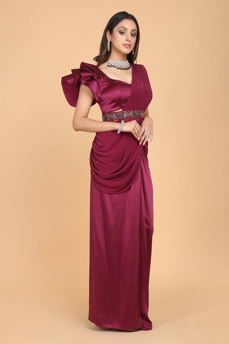 Amit GT_Maroon Georgette, Satin V Neck Pre-draped Saree With Ruffle Blouse _Online_at_Aza_Fashions