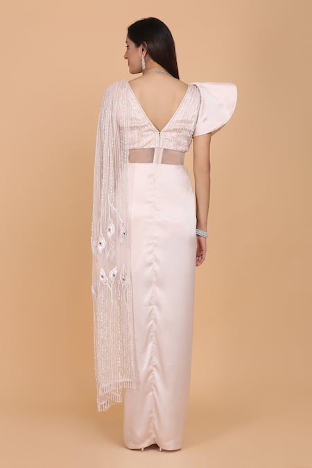 Shop Amit GT Pink Tulle, Satin Pre-draped Saree Gown at Aza Fashions Shop_Amit GT_Pink Tulle, Satin Pre-draped Saree Gown_at_Aza_Fashions