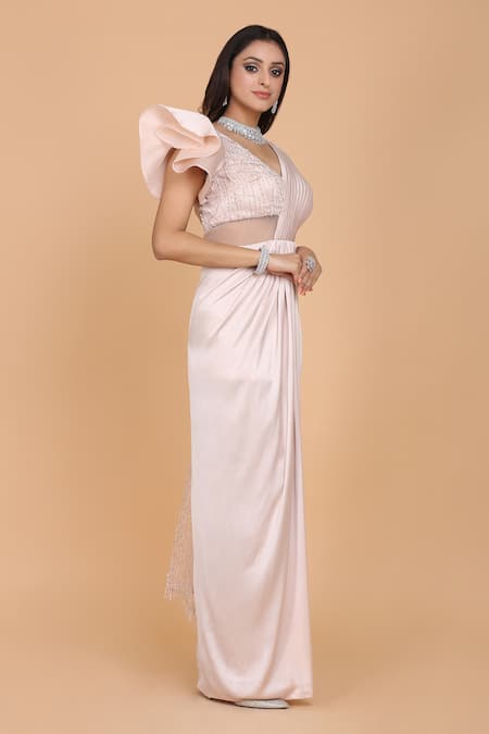 Amit GT Pink Tulle, Satin Pre-draped Saree Gown Online at Aza Fashions Amit GT_Pink Tulle, Satin Pre-draped Saree Gown_Online_at_Aza_Fashions