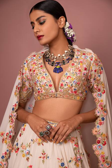 Tamanna Punjabi Kapoor_White Georgette V Neck Embroidered Bridal Lehenga Set _at_Aza_Fashions