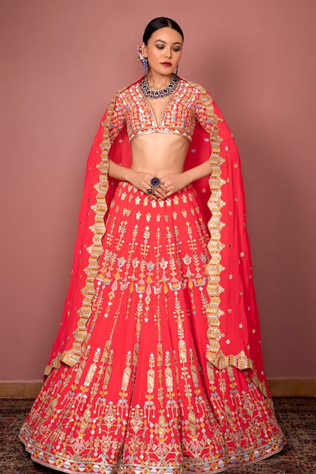 Tamanna Punjabi Kapoor Pink Georgette V Neck Embroidered Bridal Lehenga Set