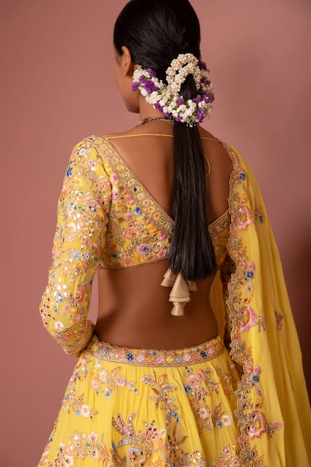 Shop_Tamanna Punjabi Kapoor_Yellow Georgette V Neck Embroidered Bridal Lehenga Set _at_Aza_Fashions