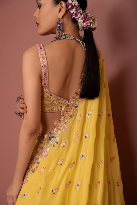 Shop_Tamanna Punjabi Kapoor_Yellow Georgette Sweetheart Neck Embroidered Bridal Lehenga Set _at_Aza_Fashions