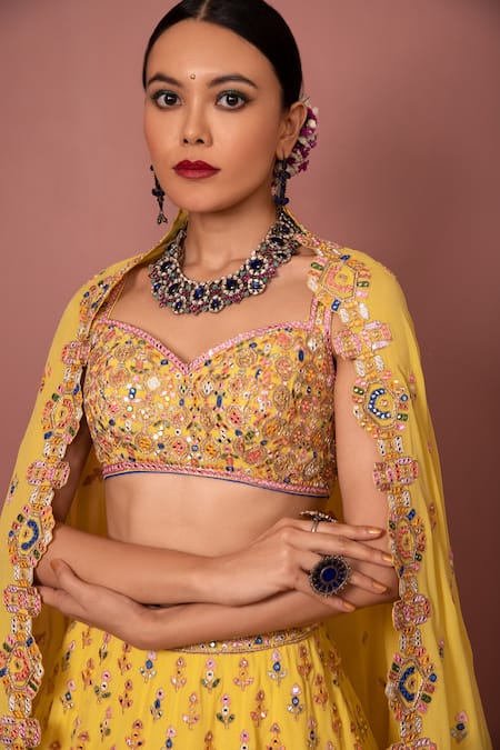 Tamanna Punjabi Kapoor_Yellow Georgette Sweetheart Neck Embroidered Bridal Lehenga Set _Online_at_Aza_Fashions