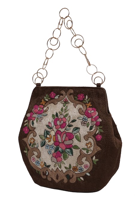 Shop The Leather Garden Brown Embroidered Floral Handbag at Aza Fashions Shop_The Leather Garden_Brown Embroidered Floral Handbag _at_Aza_Fashions