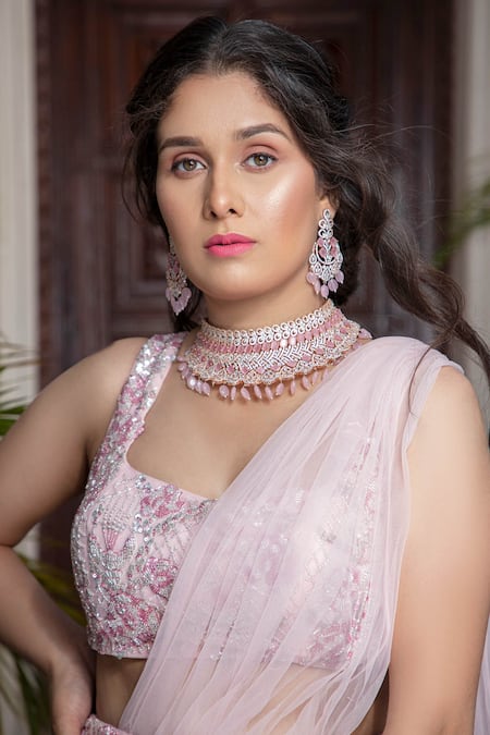 Amit GT_Pink Georgette Sweetheart Neck Embroidered Pre-draped Lehenga Saree _Online_at_Aza_Fashions