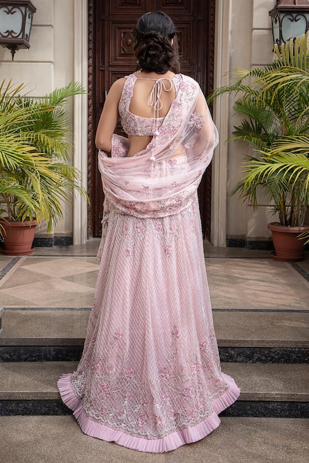 Shop Amit GT Pink Tulle Sweetheart Neck Embroidered Lehenga Set at Aza Fashions Shop_Amit GT_Pink Tulle Sweetheart Neck Embroidered Lehenga Set _at_Aza_Fashions
