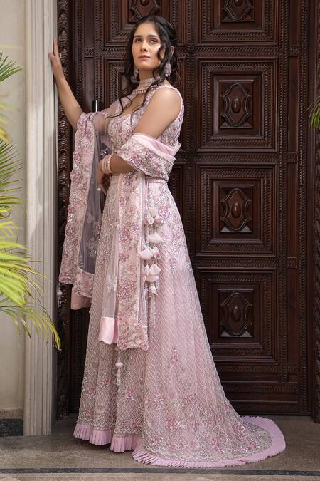 Amit GT Pink Tulle Sweetheart Neck Embroidered Lehenga Set Online at Aza Fashions Amit GT_Pink Tulle Sweetheart Neck Embroidered Lehenga Set _Online_at_Aza_Fashions