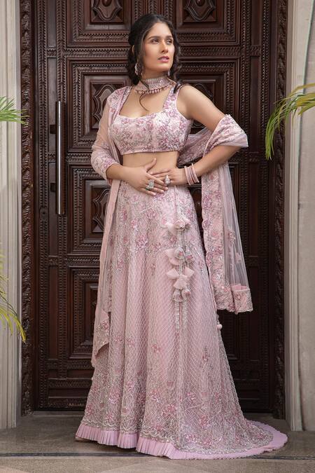 Buy Amit GT Pink Tulle Sweetheart Neck Embroidered Lehenga Set Online at Aza Fashions Buy_Amit GT_Pink Tulle Sweetheart Neck Embroidered Lehenga Set _Online_at_Aza_Fashions